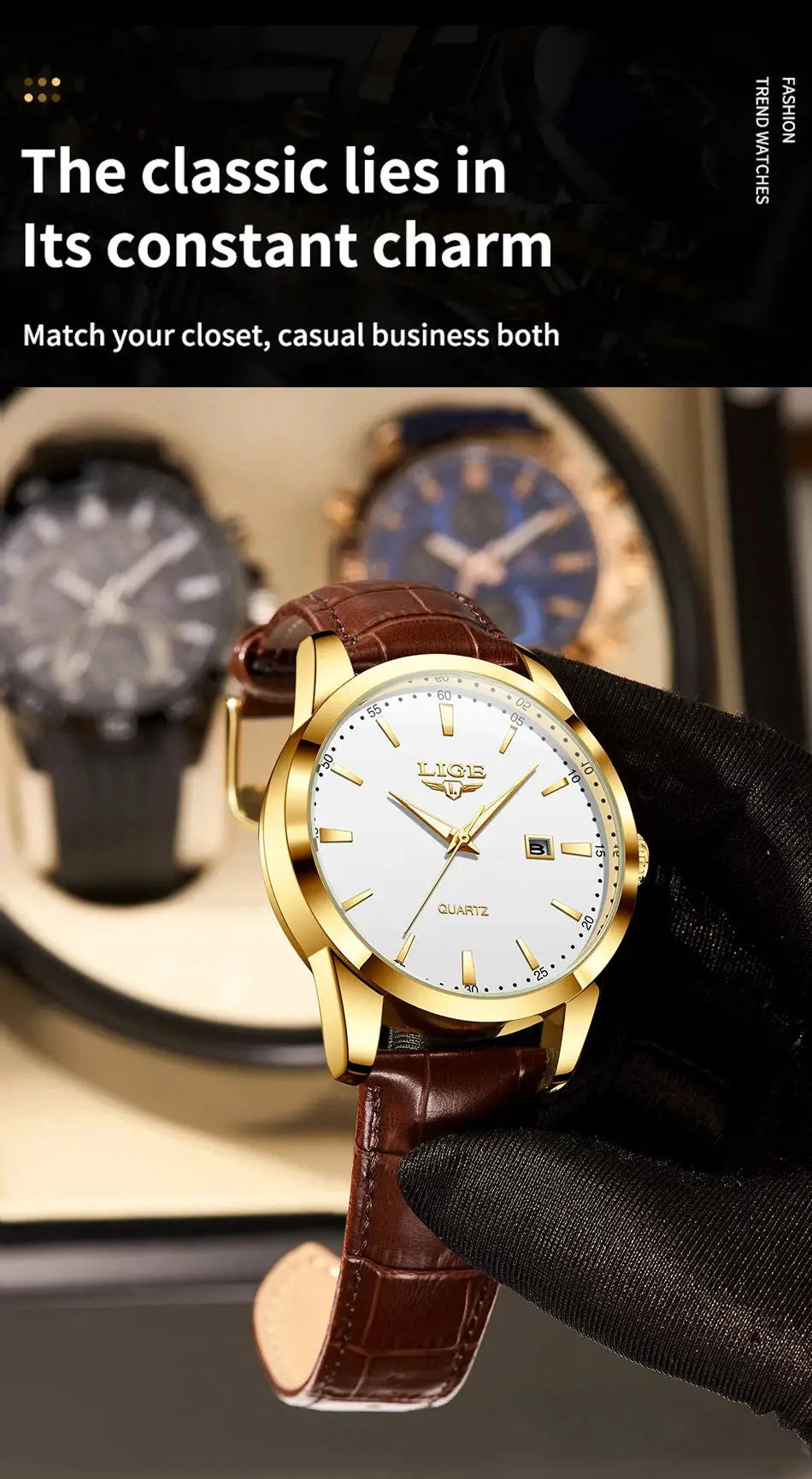 LIGE men's gold-tone quartz watch with brown leather strap and white dial