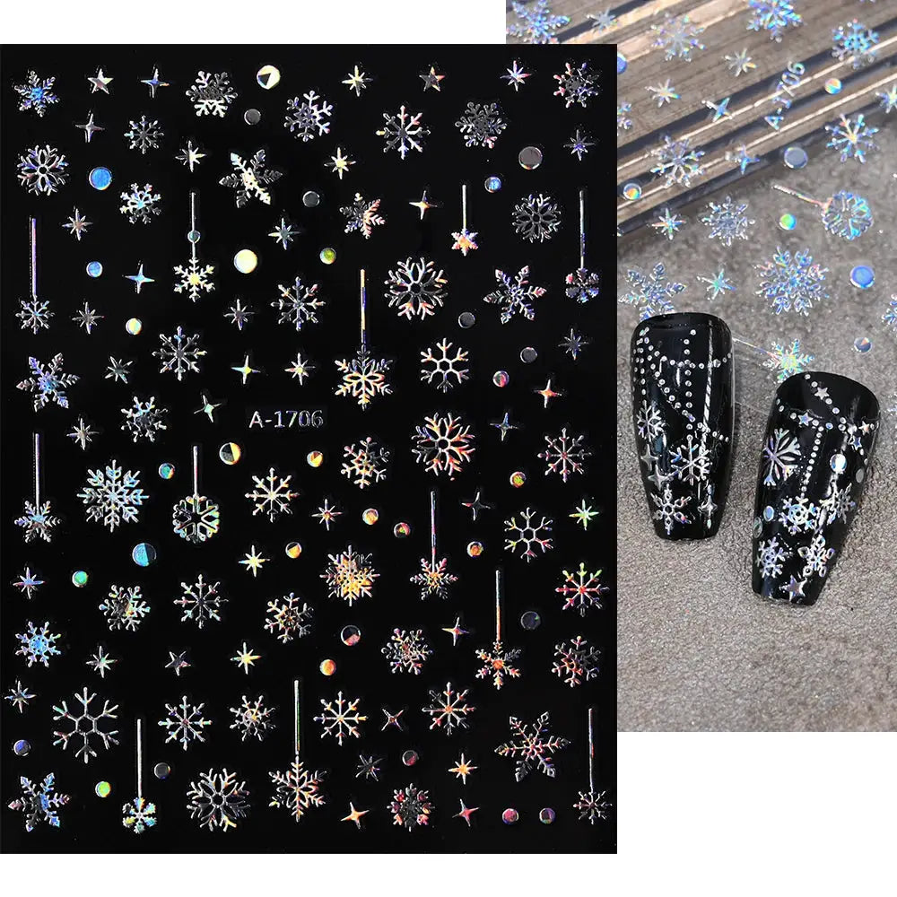 Winter Christmas nail sticker sheet with holographic snowflakes and stars, self-adhesive