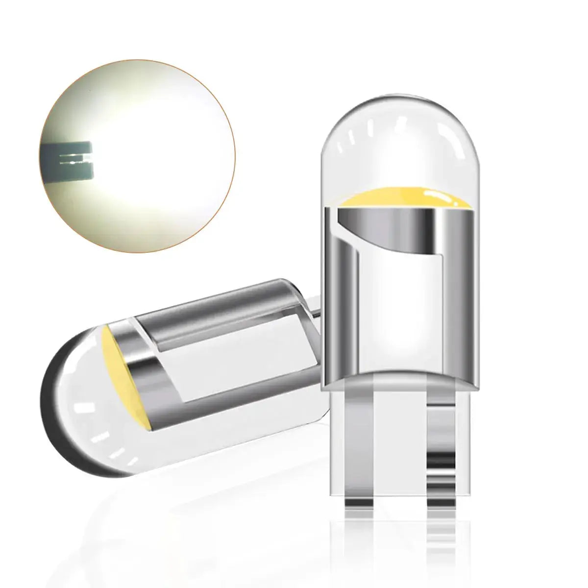 Simples Market LED car bulbs set of 2, W5W/T10 WY5W, clear glass with chrome base