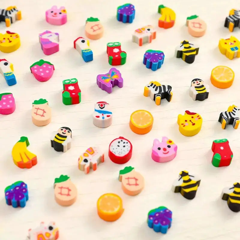 Pencil erasers, colorful kawaii animal and fruit shapes, 50-100 pcs set for kids