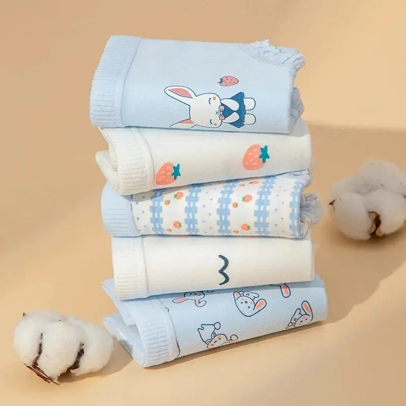 Simples Market 5Pcs cotton strawberry bunny print women's panties set; breathable light blue/white underpants
