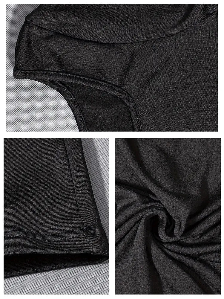 Women's black romper jumpsuit; solid stretch fabric with visible seams and hem.