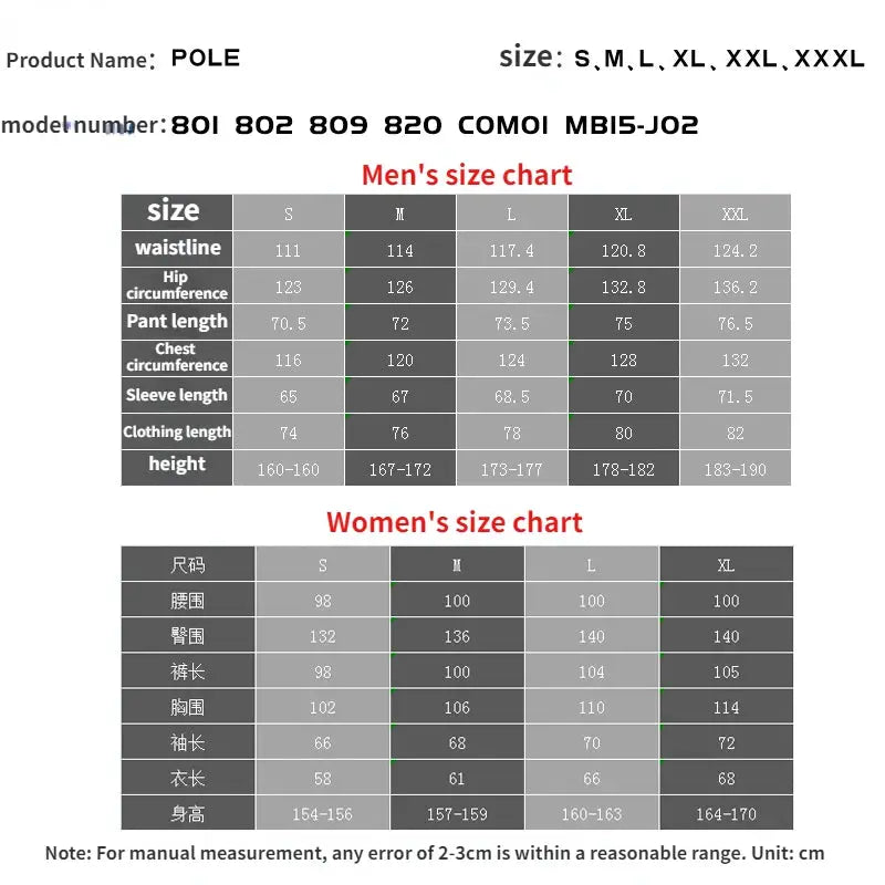 POLE motorcycle raincoat by Simples Market with men's and women's size charts, model MB15-J02