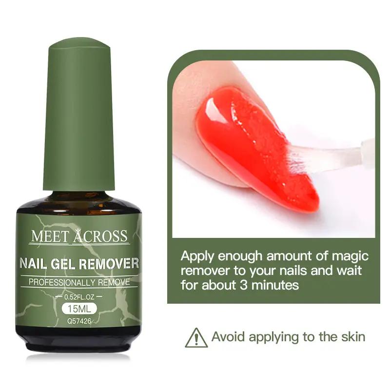 Meet Across nail gel remover bottle, green label, 15ml professional UV soak-off remover