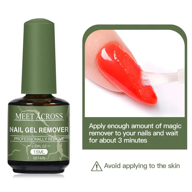 MEET ACROSS nail gel remover bottle 15ml with green label by Simples Market; brush-on remover on red nail, two items