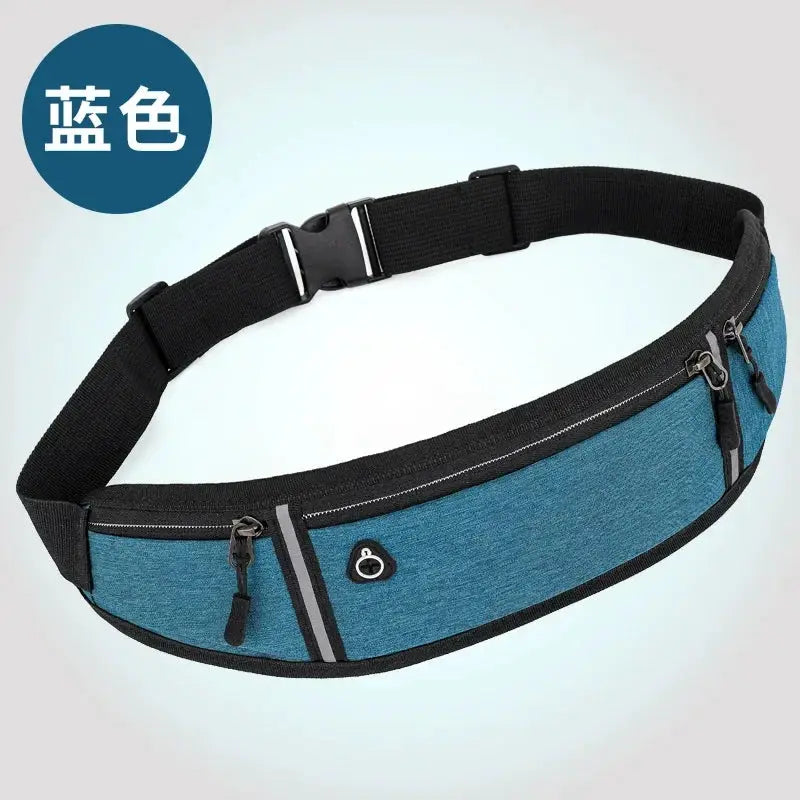 Waist pack in blue, waterproof sport bag with black adjustable strap and zip pockets
