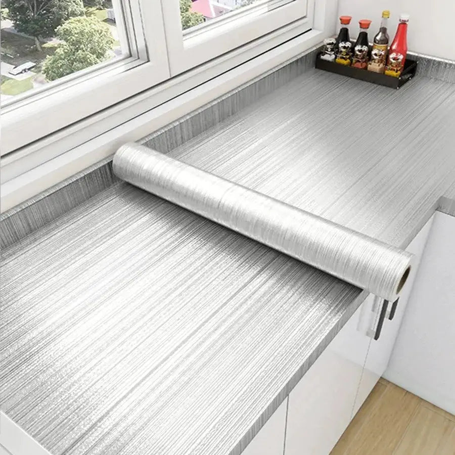 Brushed silver PVC removable wallpaper film, waterproof and oil-proof vinyl for kitchen countertops
