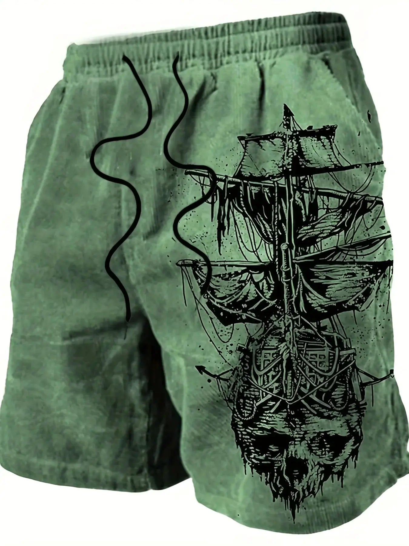 Men's green quick-drying swim trunks with pirate skull sailboat print, drawstring beach shorts