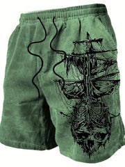 Men's green quick-drying swim trunks with pirate skull sailboat print, drawstring beach shorts