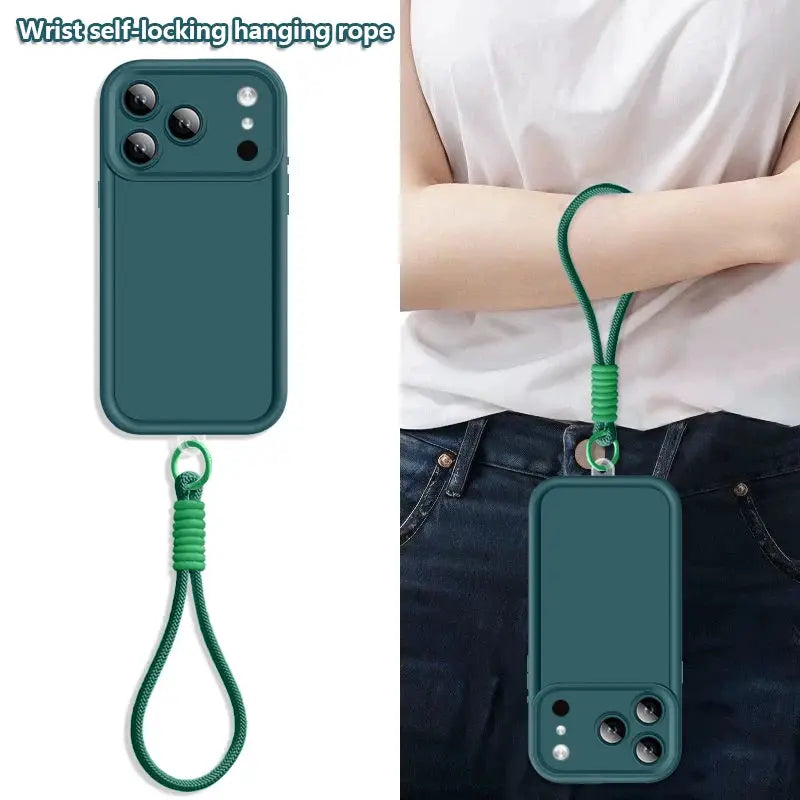 Wrist strap lanyard TPU iPhone case, teal body with green wrist strap, shockproof silicone cover
