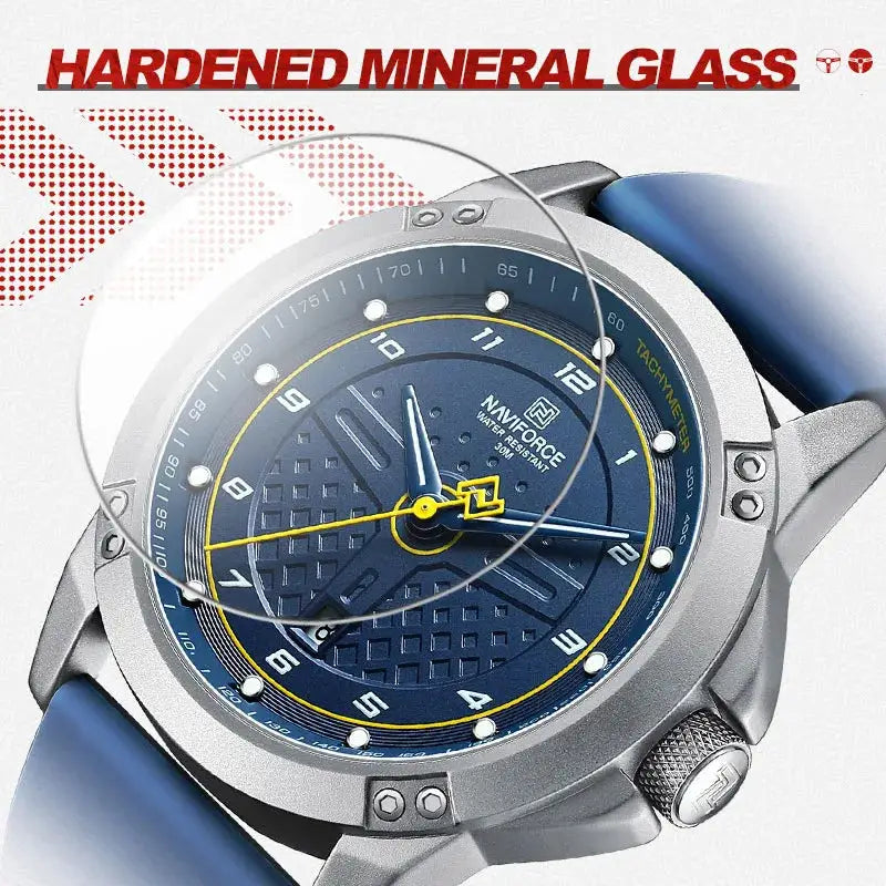 NAVIFORCE men's casual quartz watch with blue dial, silicone strap, water resistant