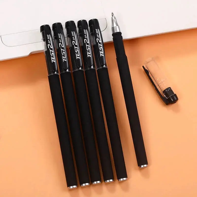 Gel pen set with six black-bodied pens and silver tips, one uncapped pen shown to the right.
