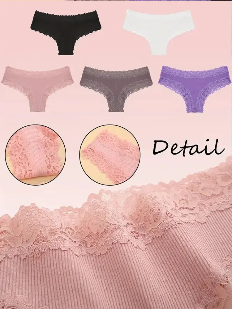 Five-piece women's cotton lace briefs set by Simples Market in black, white, pink, gray, purple with floral lace trim
