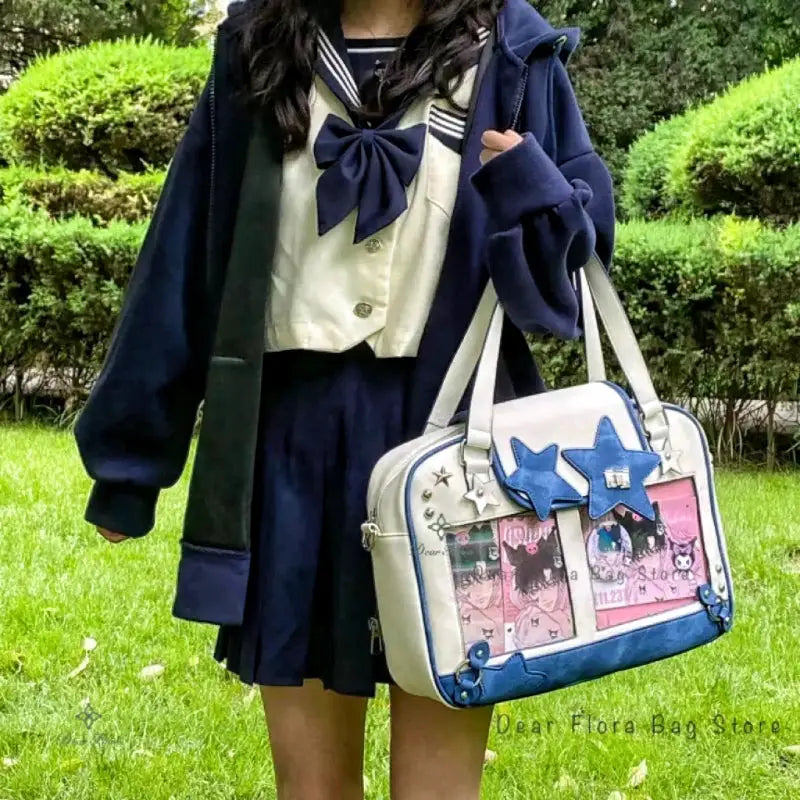 Simples Market Y2K star ita bag with transparent front pocket, blue star accents, white/cream crossbody handbag