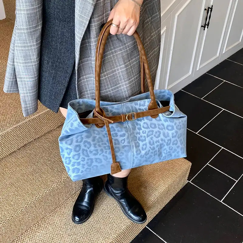 Blue leopard-print PU leather shoulder bag with brown top handles
