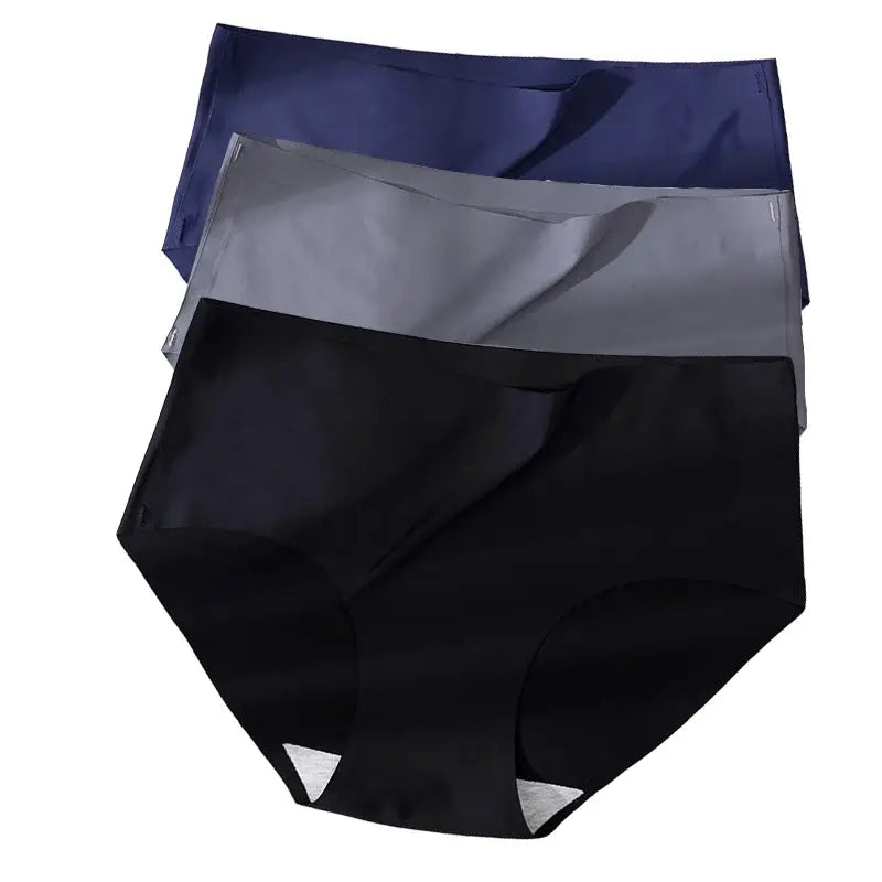 Three-piece plus-size seamless panties in ice silk, black, gray, and navy