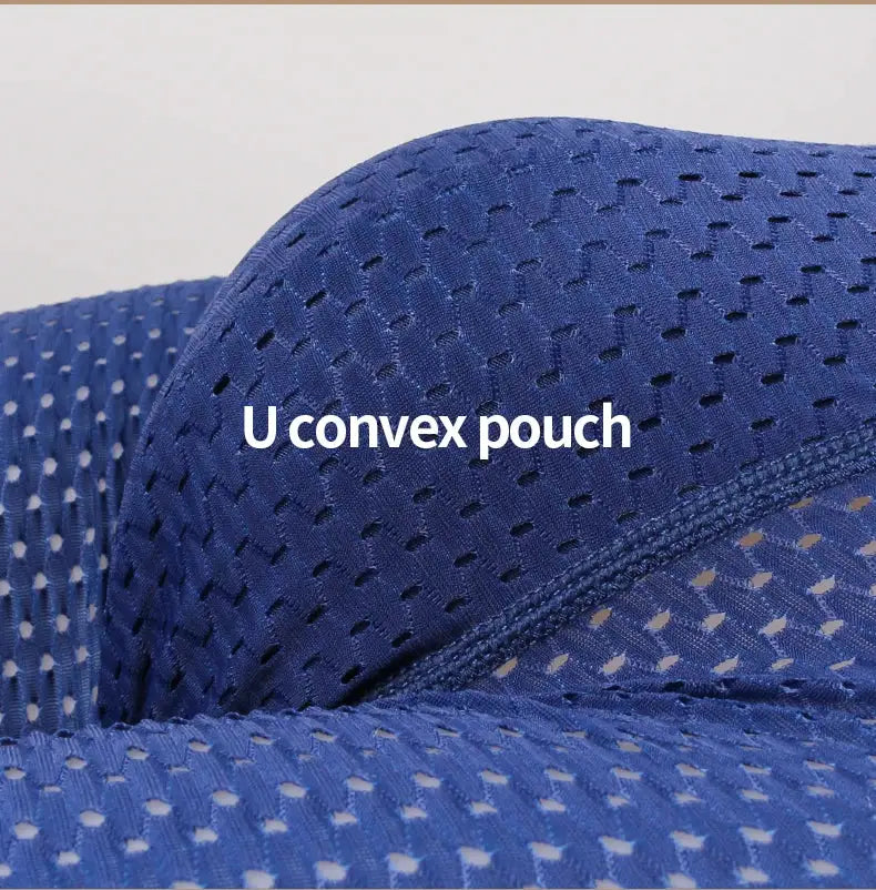 Men's blue ice silk boxer underwear with U convex pouch and breathable mesh fabric