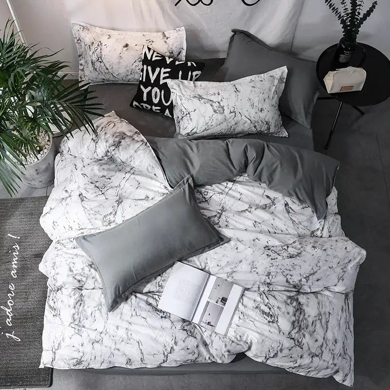 3pc duvet cover set with pillowcases by Simples Market in grey and white marble pattern.