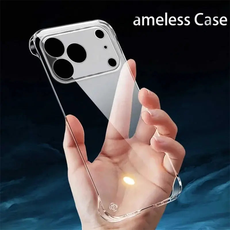 iPhone case by Simples Market, frameless slim clear, transparent hard PC plastic with precise camera cutouts.