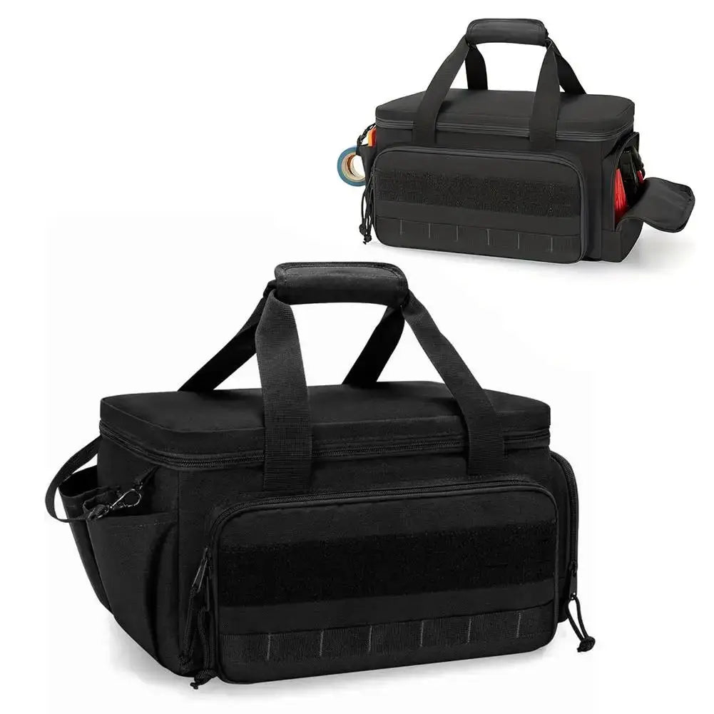 High-capacity tool storage bag in black with thick padded base and comfortable handles, water-resistant