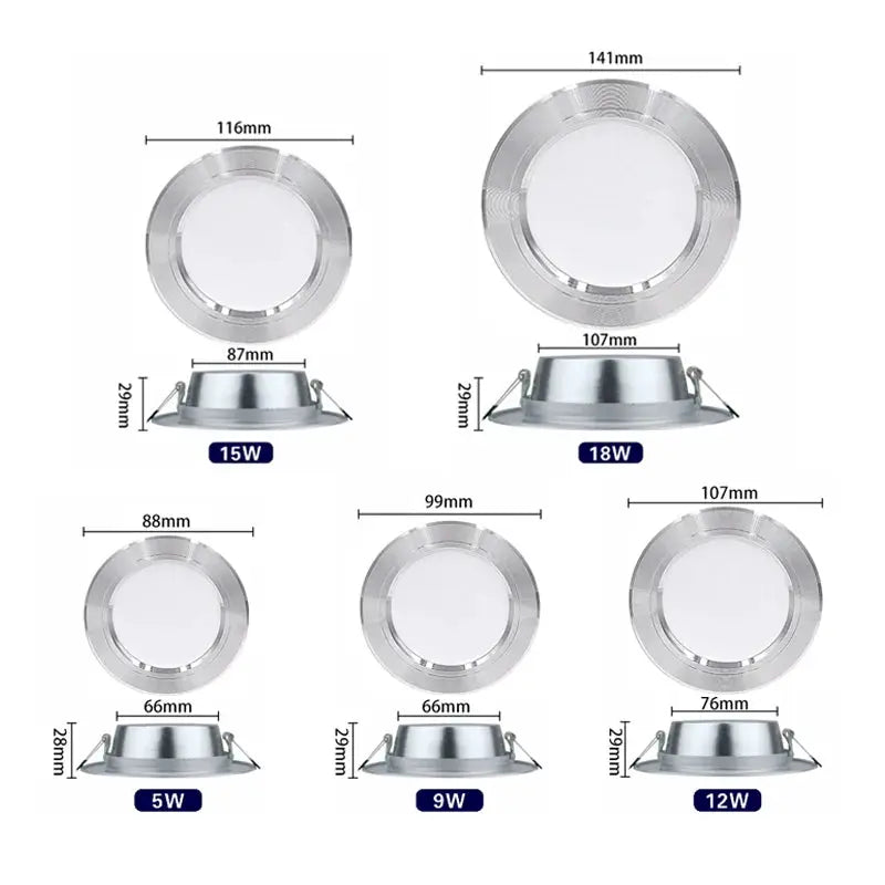 Simples Market LED recessed round downlight set of five in silver; includes 5W, 9W, 12W, 15W and 18W.