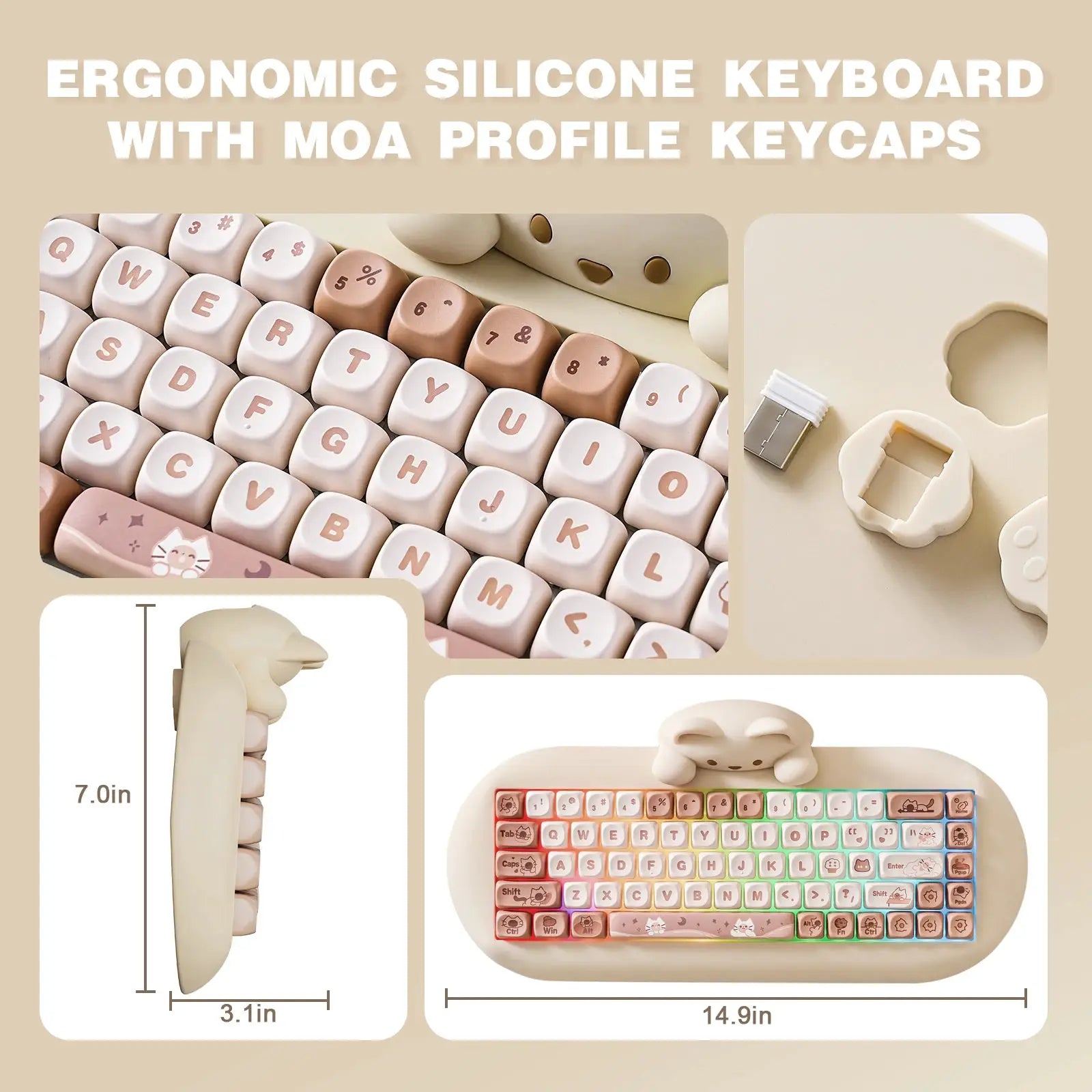 YUNZII C68 wireless silicone 65% mechanical keyboard with cat-themed pastel keycaps and RGB by Simples Market