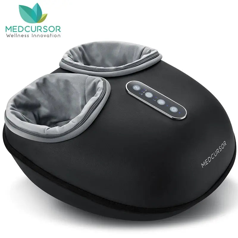 Medcursor foot massager with dual foot chambers, black exterior, gray padded openings and control panel