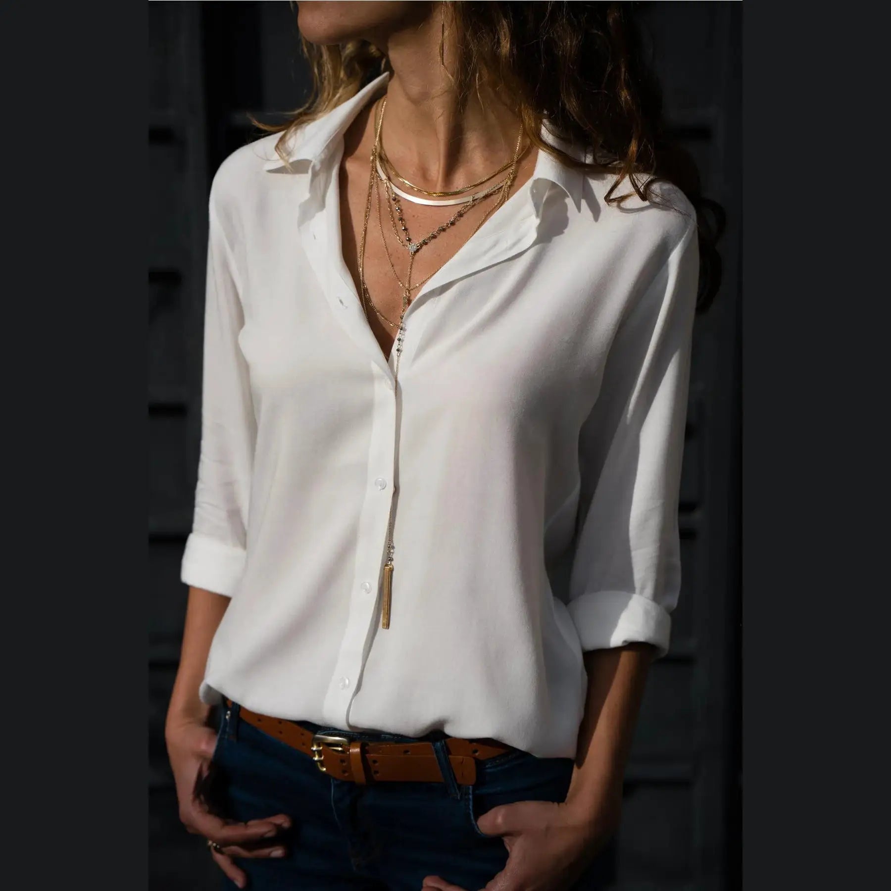 Autumn Shirt, women's white polo-collar blouse with loose button-down fit by Simples Market