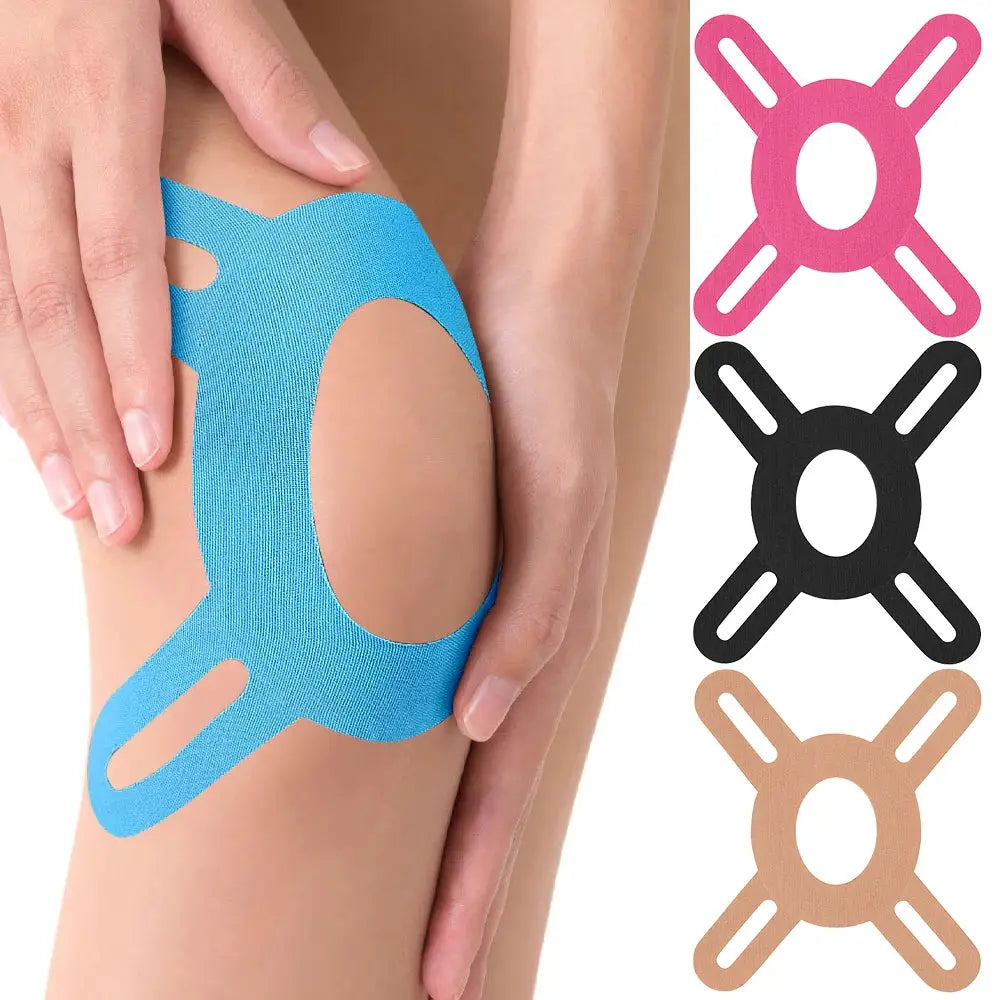 Simples Market 5PCS Precut Kinesiology Tape for Knees with blue tape applied; pink, black and beige variants.