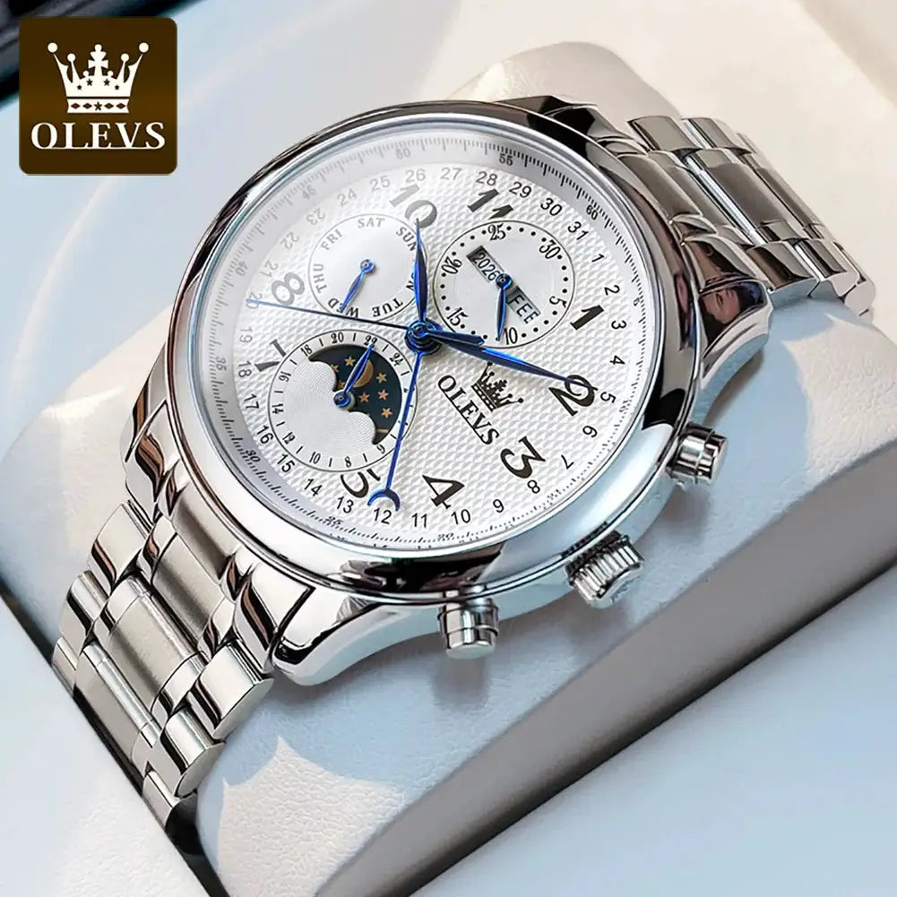 Men's automatic watch by OLEVS with stainless steel band, white dial, moonphase.