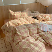 Duvet cover bedding set by Simples Market, 100% cotton plaid with two pink-yellow pillowcases