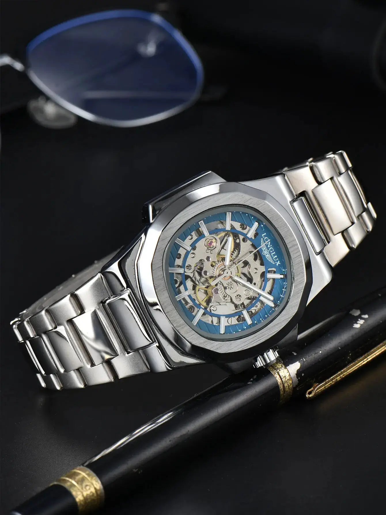 LONGLUX Men Automatic Mechanical Skeleton Watch Luxury Waterproof Stainless Steel Timepiece For Business And Casual Wear