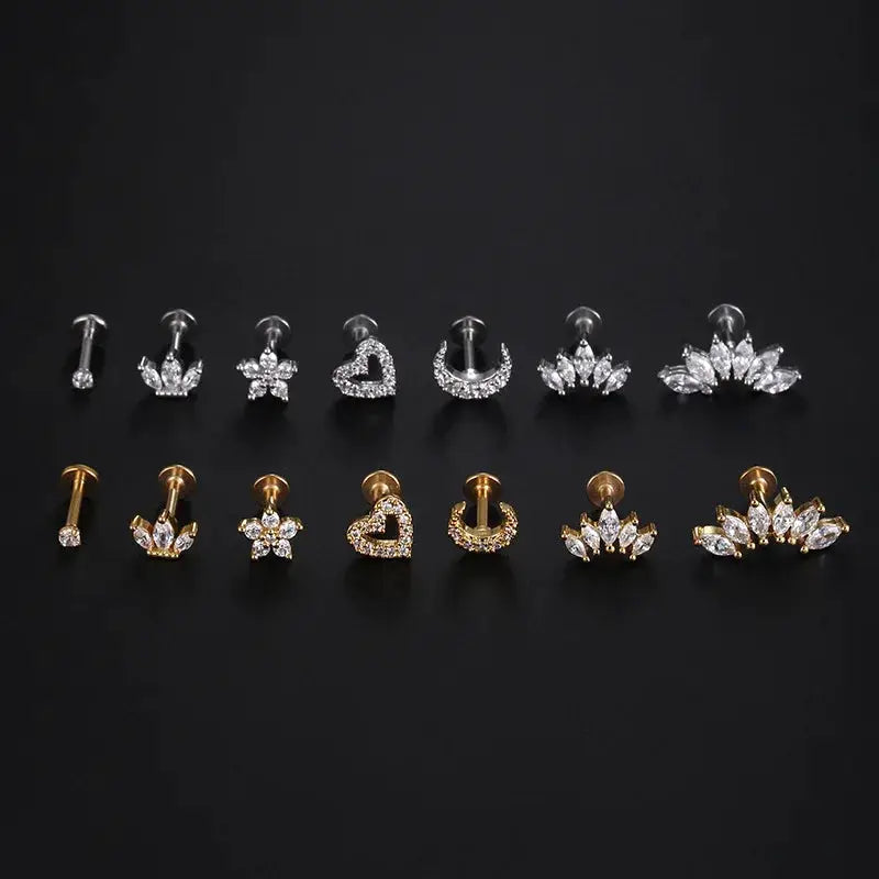 16-piece Heart Flower Crown cartilage earrings set in silver and gold tones with CZ stones, 1.2mm labret back, Simples Market