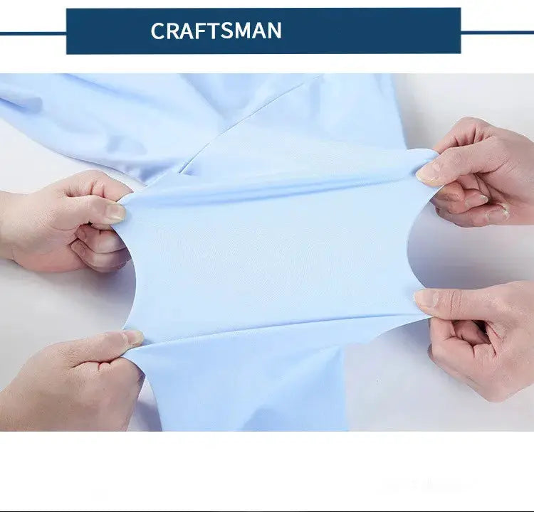 Men's light-blue short-sleeve dress shirt fabric stretched to show elasticity, Craftsman banner visible