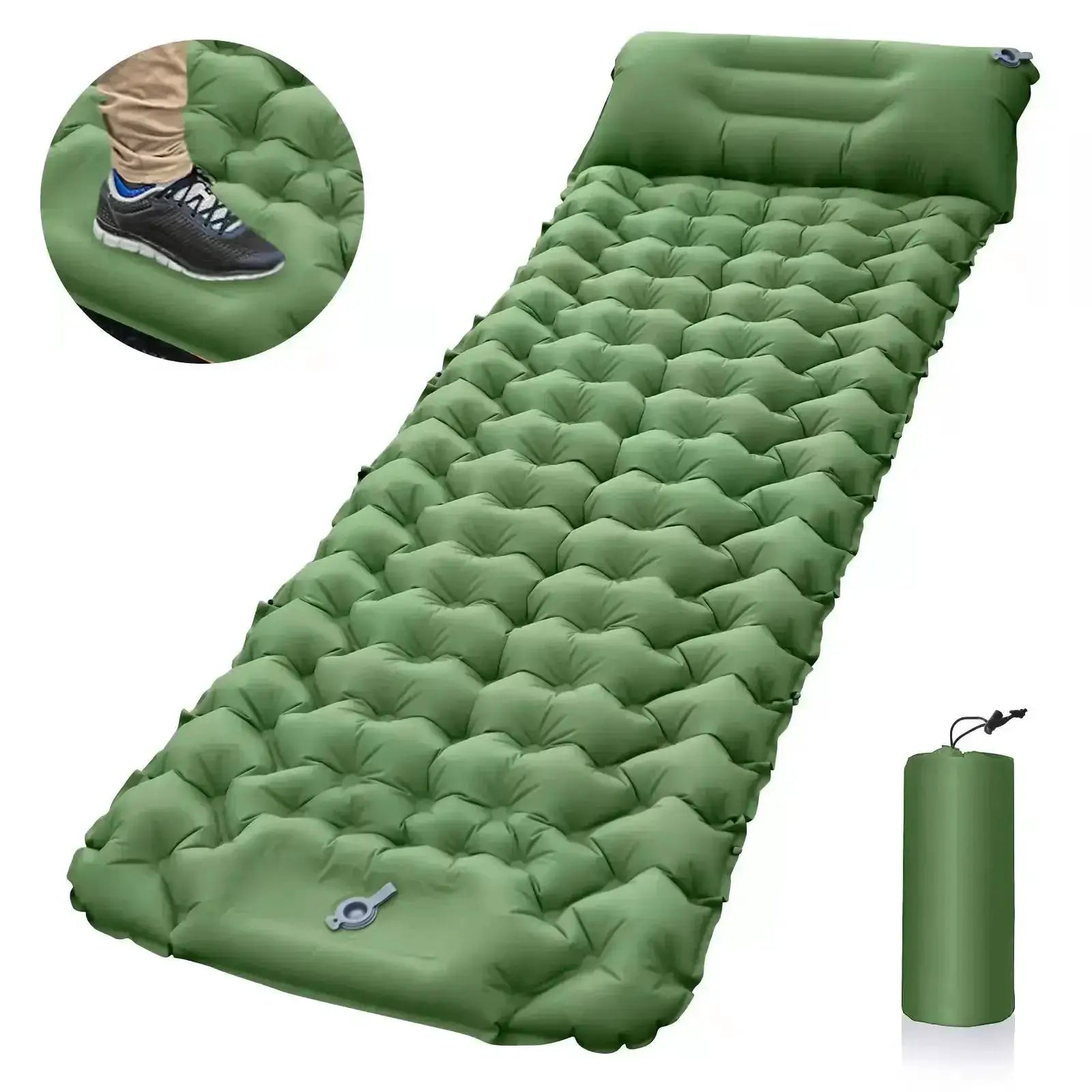 Simples Market green outdoor sleeping pad with built-in pillow; inflatable camping mattress for ultralight trekking