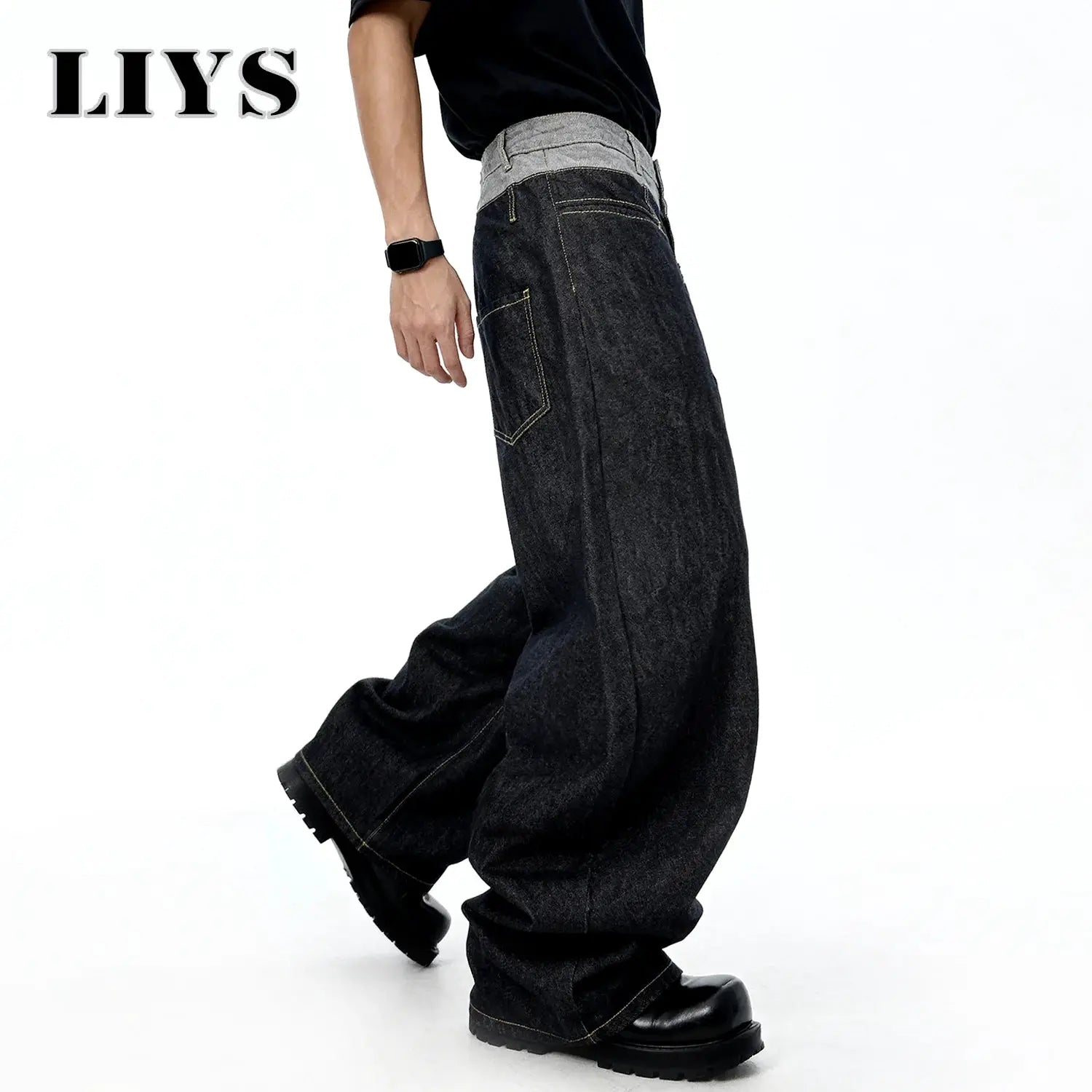 LIYS men's retro baggy wide-leg dark denim jeans with light gray waistband