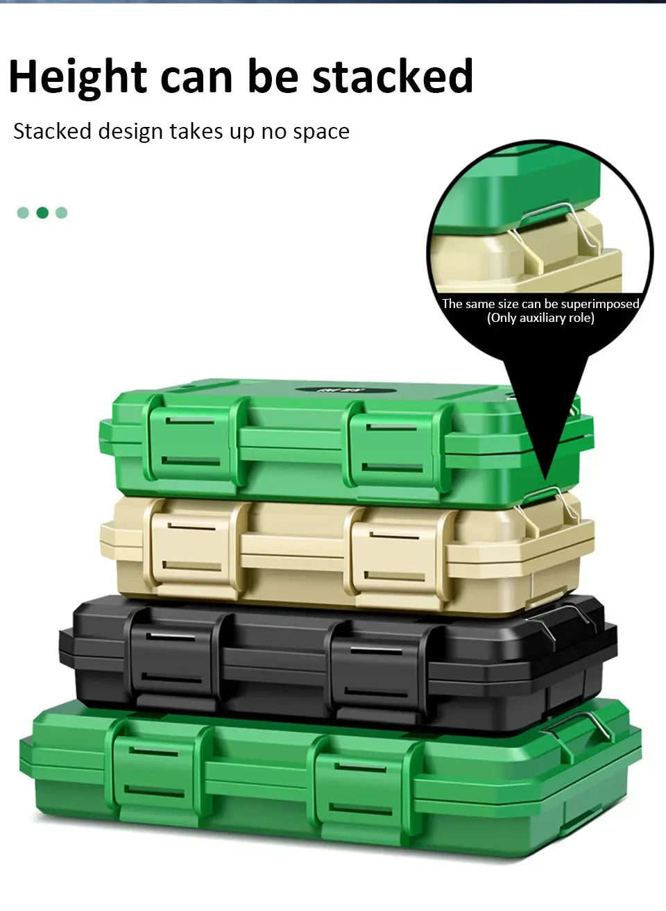 Waterproof storage case for precision tools; sealed, shockproof, stackable, four-color stack (green, beige, black)