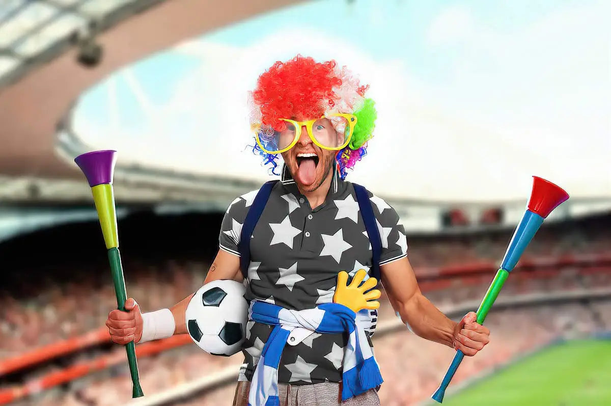 Women's colorful curly cosplay wig; synthetic, short wavy red-yellow-green, with two juggling clubs and a soccer ball.