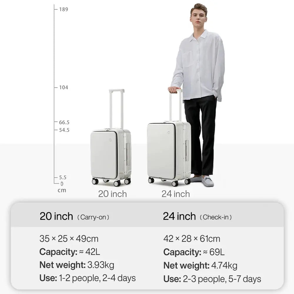 Two Simples Market Mixi aluminum-frame suitcases, 20in carry-on and 24in check-in, silver with USB port and phone holder