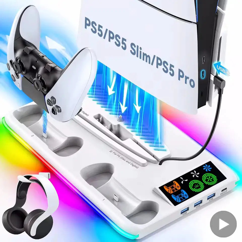 PS5 Cooling Stand With Controller Charger And RGB LED Base For PS5 PS5 Slim PS5 Pro Gaming Accessories