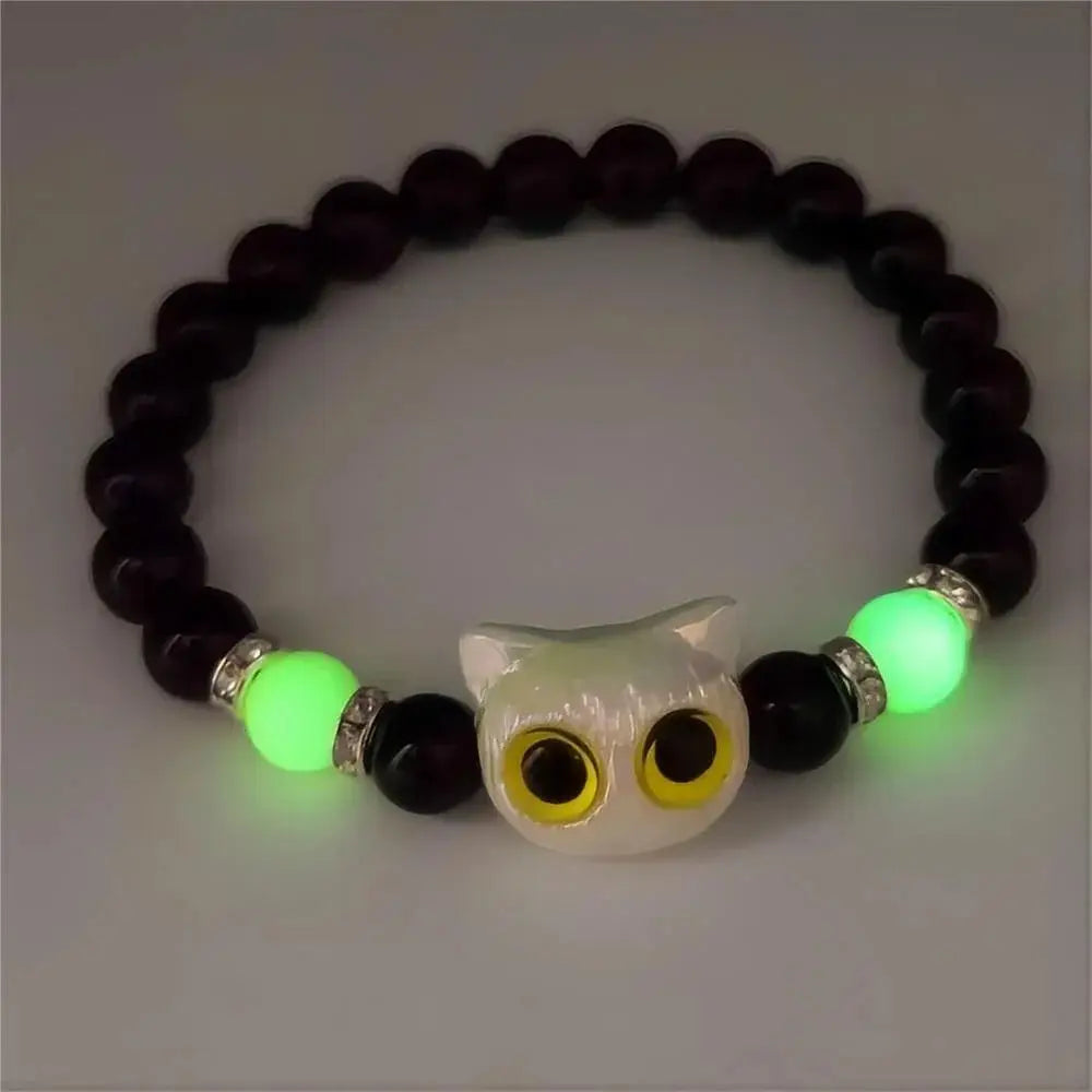 Luminous Cat Head Bead Strand Bracelet for Couples Black White Cat Design Matching Friendship Jewelry for Men and Women