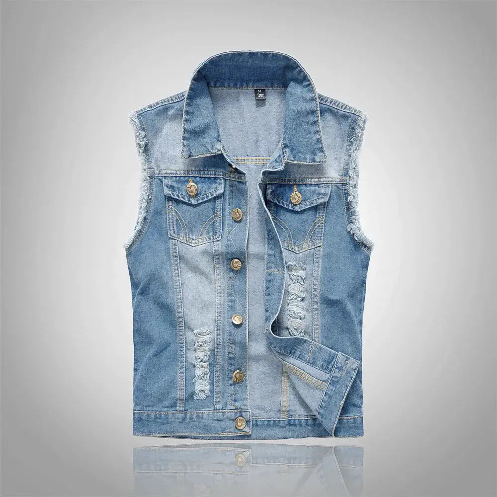 Men's light blue distressed denim vest jacket, sleeveless with button front