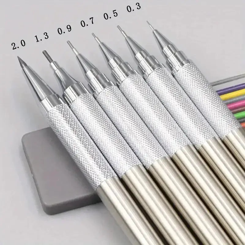 Simples Market six-pack all-metal mechanical pencils with knurled grip and retractable tips, 0.3–2.0mm lead sizes