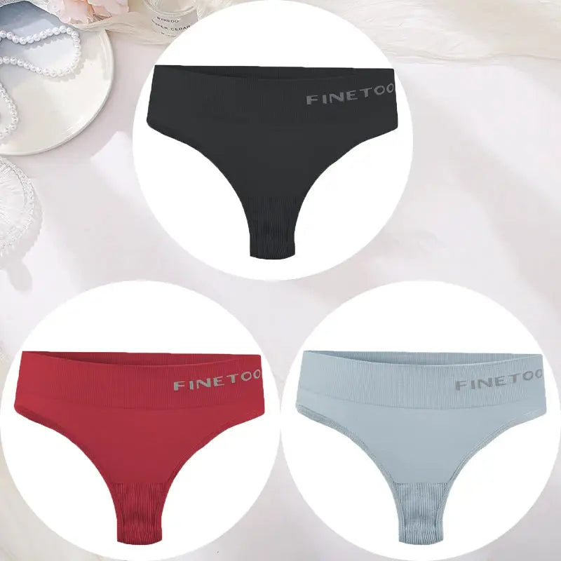 3-piece FINETOO women's seamless thong underwear set in black, red, and light blue