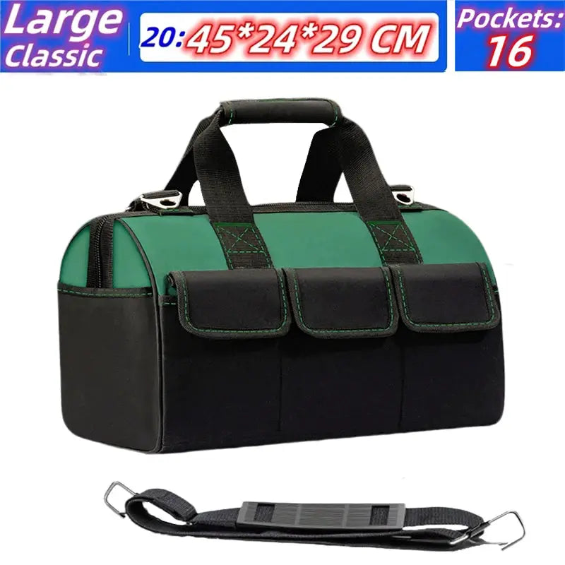 23-inch tool bag by Simples Market in green/black with 3 front pockets and detachable shoulder strap, 1680D Oxford.