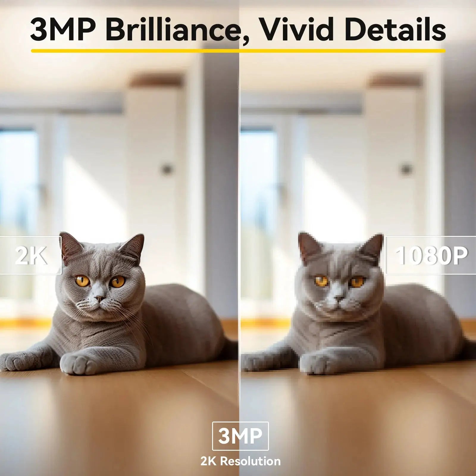 Simples Market BoyKeep Smart Camera 2K security system; side-by-side 3MP vs 1080p comparison featuring a cat.