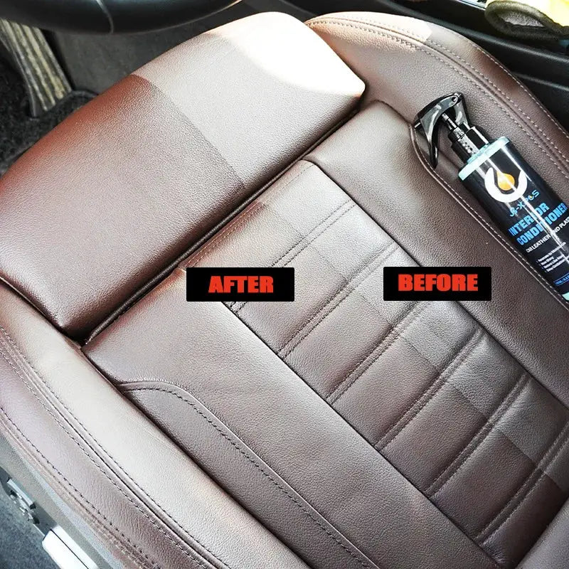 Plastic Leather Restorer interior trim conditioner for brown leather car seat; Simples Market bottle and labels.