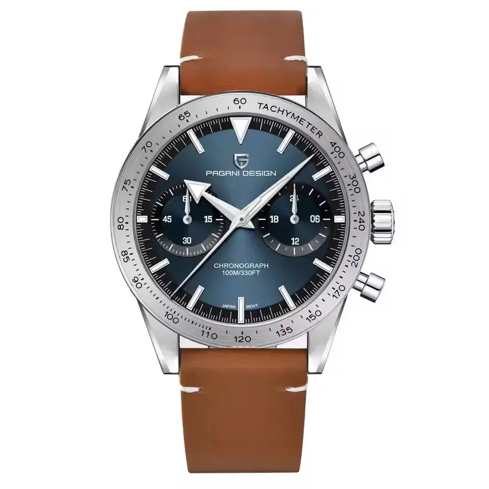 Pagani Design men's chronograph watch with blue dial, stainless steel case, brown leather strap, tachymeter bezel
