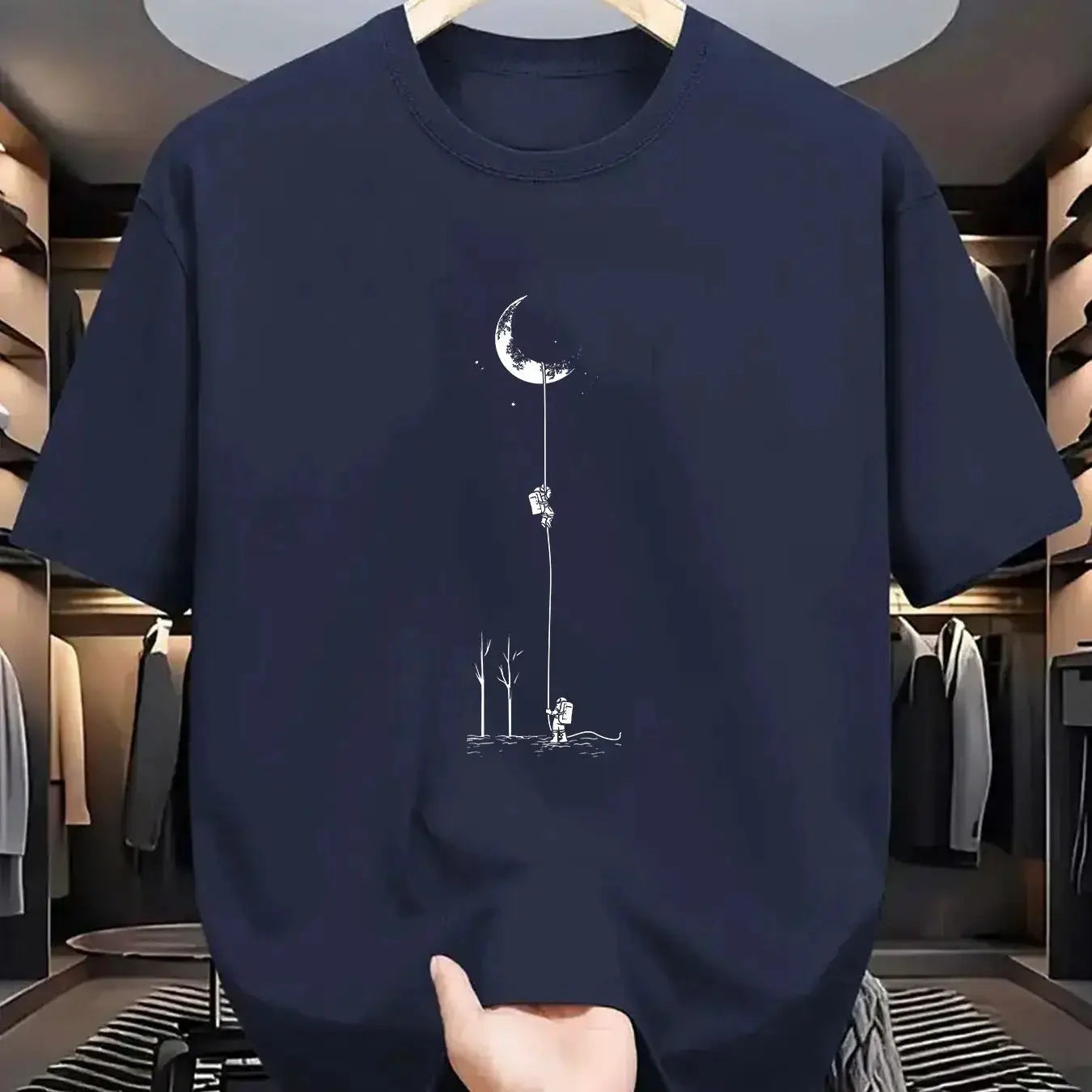Summer Men's 100 Percent Cotton Casual Loose Fit Plus Size Moon Landing Pattern T Shirt Round Neck Short Sleeve