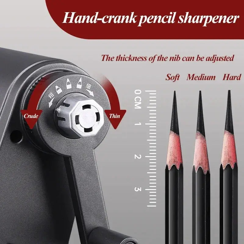 Gray hand-crank pencil sharpener with adjustable nib thickness and large capacity